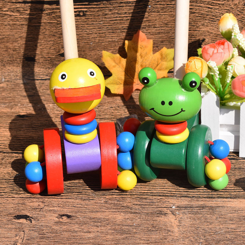 T492 Popular sales cartoon animal duck frog rabbit children's stroller toy baby wooden 0-1-3 year old baby walking cart toys