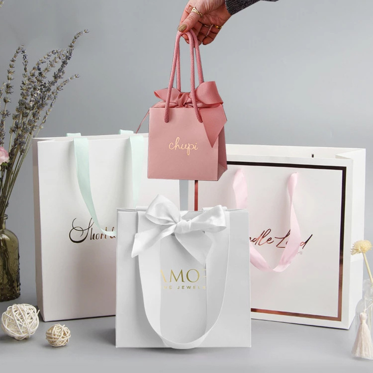 Luxury Ribbon Handle Boutique Shopping Packaging Customized Printed Tote Gift Paper Bags for packaging with Logo