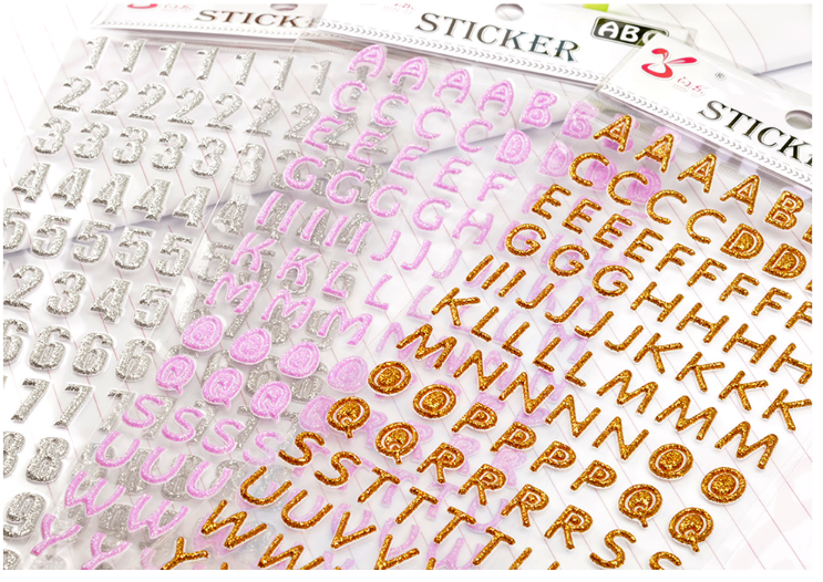 Custom Self Adhesive Number and Alphabet Glitter Decoration Decal DIY Puffy Sticker Eco Friendly CMYK 6 Color