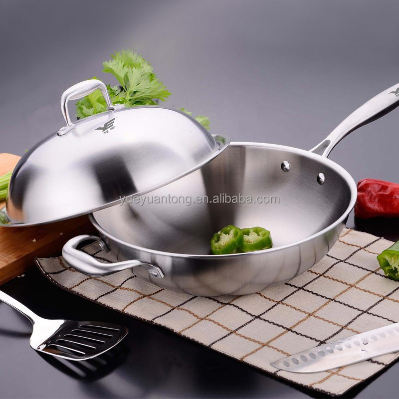 diameter 32cm stainless steel cookware triply frying wok with inox lid