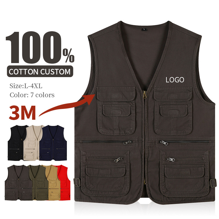 Men's Multi Pockets Cotton Cargoes Fisherman Vest For climbing fishing Hiking Journalist Photography Camping Vest custom