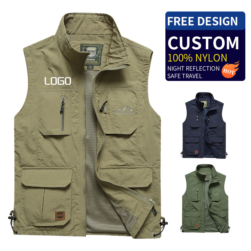 Custom Canvas Fishing Hiking Journalist Hunting Camera man Vest Men's Multi Pockets Waistcoat Vest