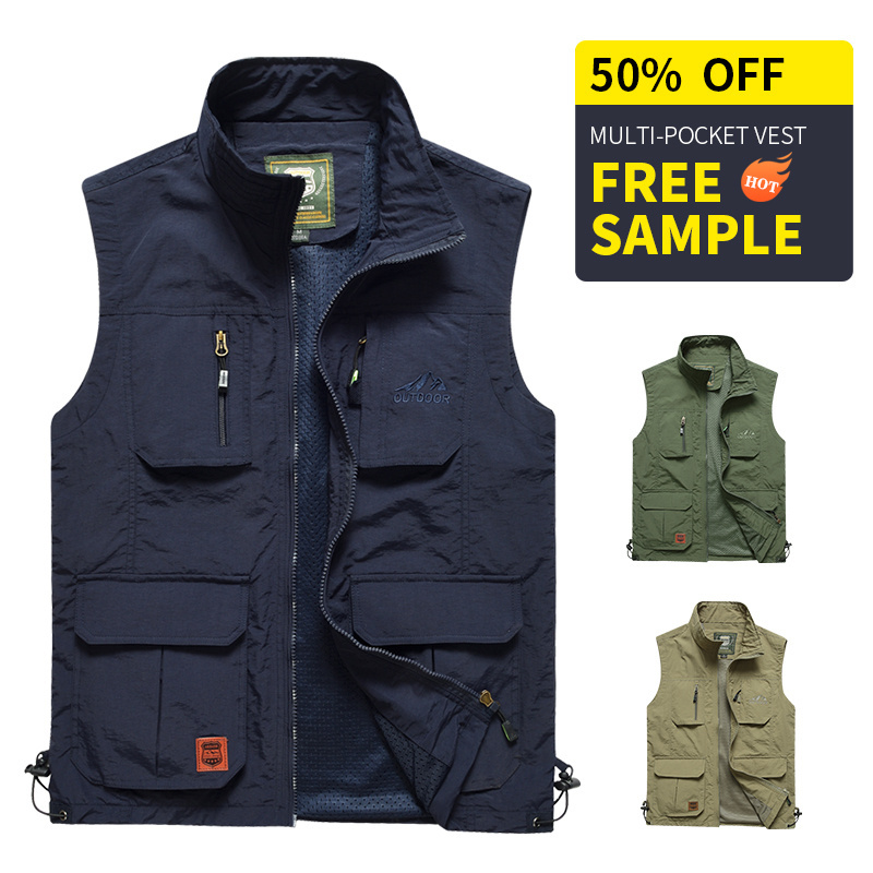 Custom Canvas Fishing Hiking Journalist Hunting Camera man Vest Men's Multi Pockets Waistcoat Vest