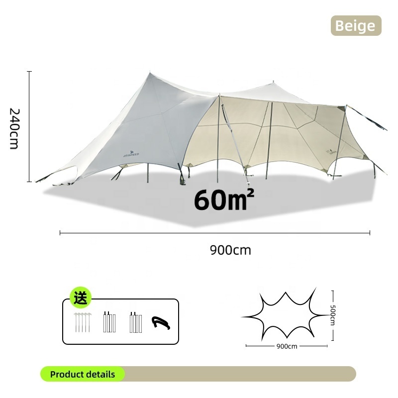 HISPEED Awing Fly Tent Glamping Tarp All Wrapped 150D Oxford Extra Large 9*5m Shade Camping Tarp with Poles