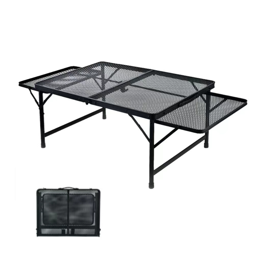 HISPEED  Outdoor BBQ Aluminum Strong Steel Mesh Family Camping Table with 2 Wing Panels Folding Picnic Grill Table