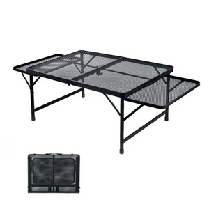 HISPEED  Outdoor BBQ Aluminum Strong Steel Mesh Family Camping Table with 2 Wing Panels Folding Picnic Grill Table