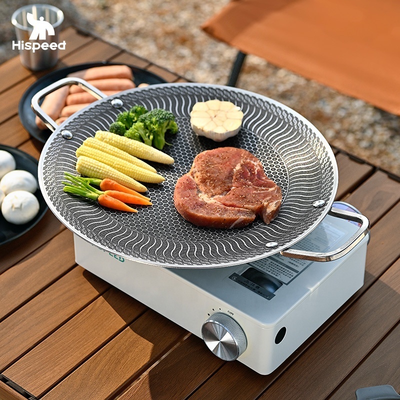 HISPEED Korean Grill Griddle Pan Smokeless BBQ Round Pan Food Grade Camping 316 Stainless Steel Frying Pan