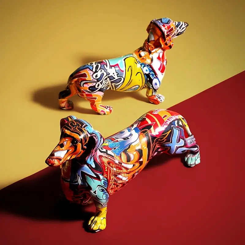 Creative Water Transfer Printing Sausage Dog Statue Home Office Desktop Decor Crafts Resin Graffiti Dachshund Dog Statue