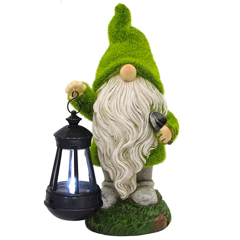 Outdoor Patio Lawn Yard Art Ornaments Flocked Garden Sculptures Handmade Resin Garden Gnomes Statue With Solar Light