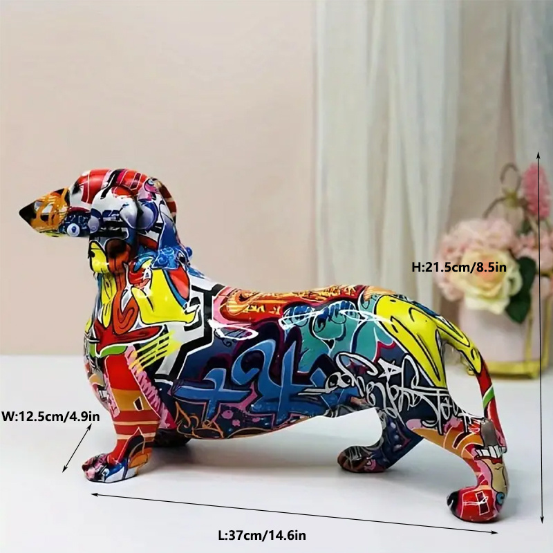 Creative Water Transfer Printing Sausage Dog Statue Home Office Desktop Decor Crafts Resin Graffiti Dachshund Dog Statue