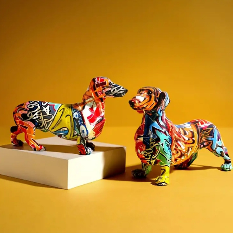 Creative Water Transfer Printing Sausage Dog Statue Home Office Desktop Decor Crafts Resin Graffiti Dachshund Dog Statue