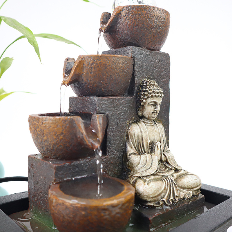 Home Office Feng Shui Tabletop Waterfall Fountain Resin Buddha Water Fountain With Crystal Ball