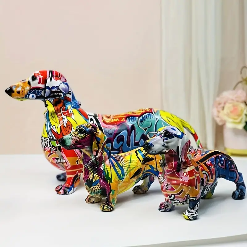 Creative Water Transfer Printing Sausage Dog Statue Home Office Desktop Decor Crafts Resin Graffiti Dachshund Dog Statue