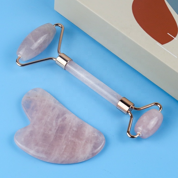 Custom Logo Crystal Stone Pink Rose Quartz Face Jade Roller Facial Massager Face Massage Roller Jade Roller Gua Sha Set