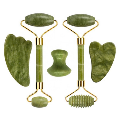 Healing Massage Stones Face Jade Roller Anti Aging Facial Therapy Massage Genuine Jade Stone Green Jade Roller Gua Sha Set