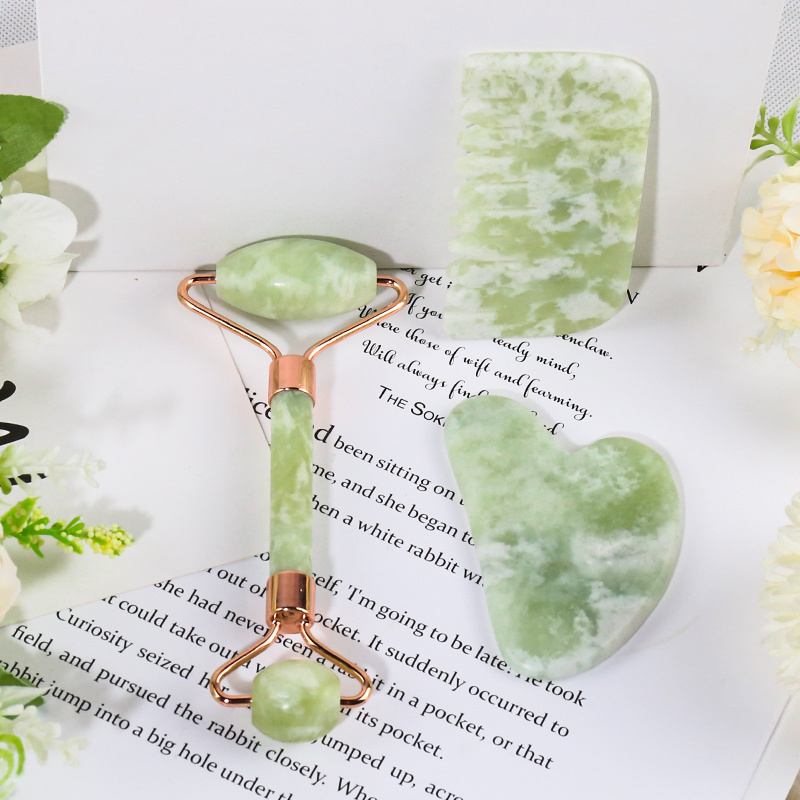 Top Seller Natural milk Jade Skin Care Jade Facial Massage Roller and  comb shaped Scraping board Milk and Jade GuaSha set