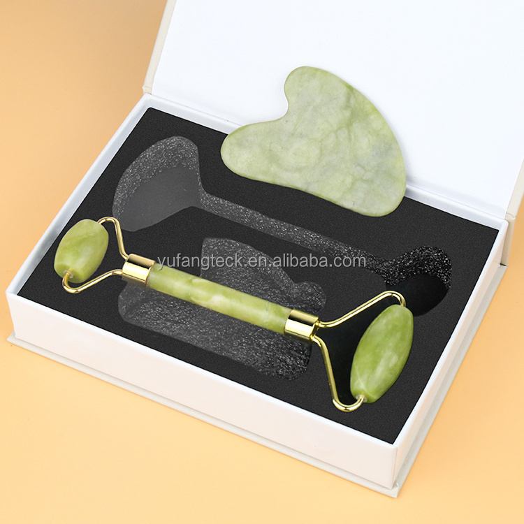 Massage Stone Green Jade Roller Gua Sha Set Face Roller and GuaSha Facial Tools for Skin Care Routine and Puffiness-Green