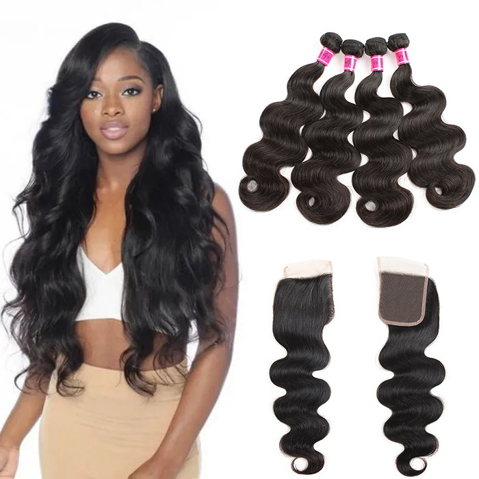 Unprocessed Raw Virgin Cuticle Aligned Cambodian Hair Bundles,Straight Body Wave Human Hair 3 Bundles With Lace Frontal Closure