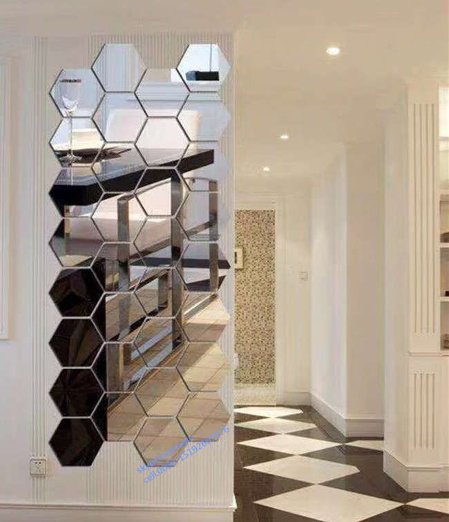 wholesale unique frameless wall mirror hexagonal mirror round glue stick on wall mirror in 18x21cm 30cm