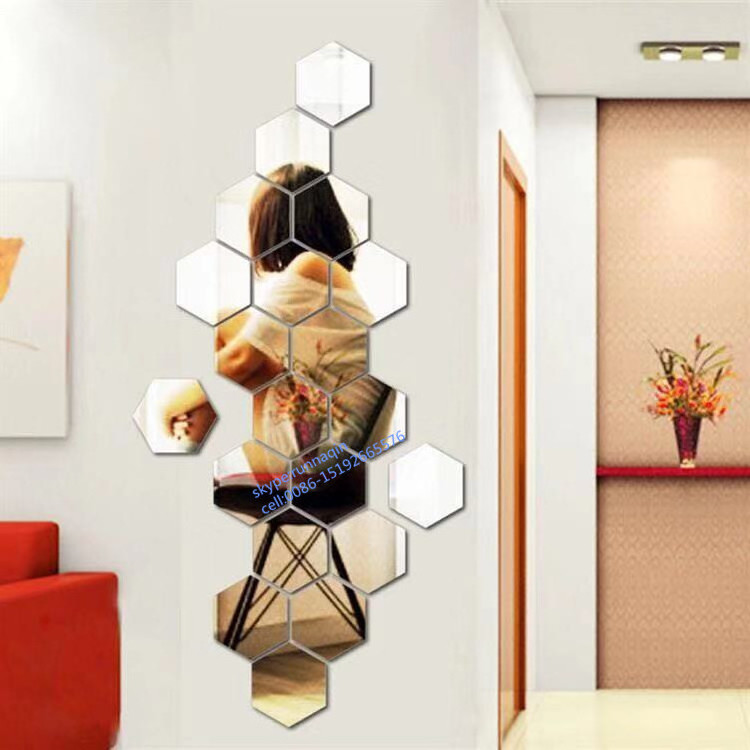 wholesale unique frameless wall mirror hexagonal mirror round glue stick on wall mirror in 18x21cm 30cm