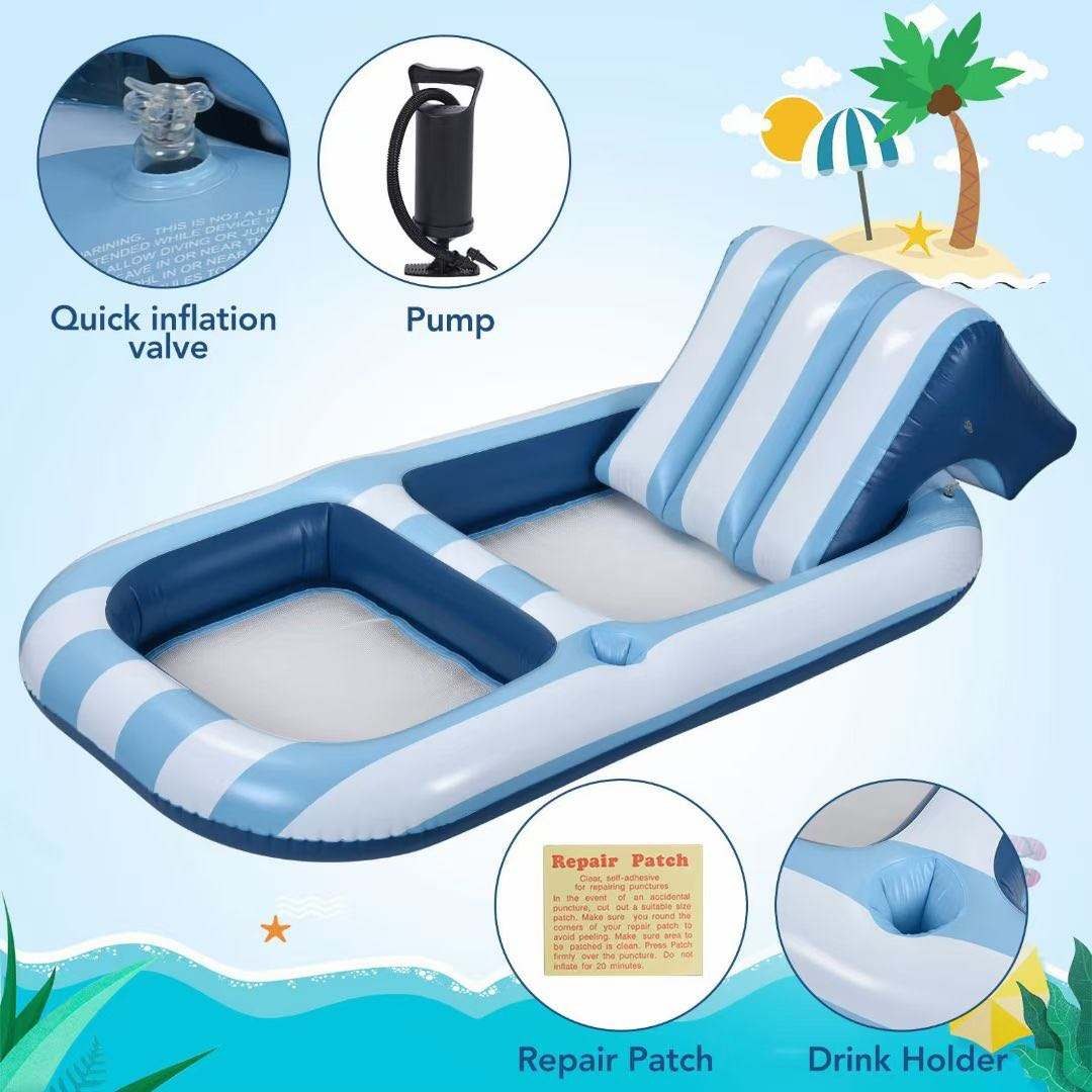 New Design Adult Size Pool Floats Inflatable Rafts Water Lounger with Headrest and Cup Holder chair for Stock