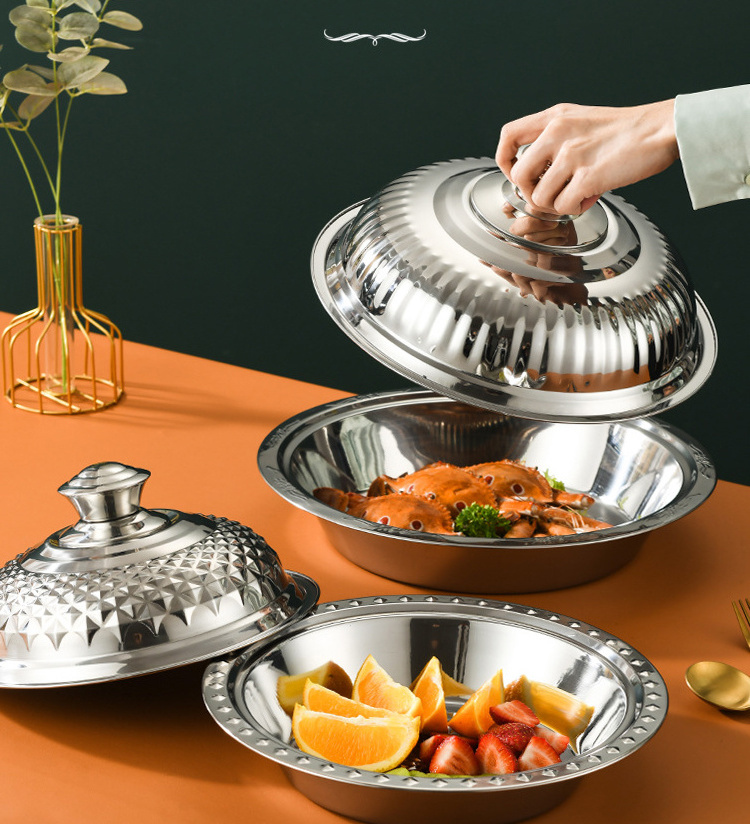 Thickened Stainless Steel Large Capacity Dining Plate With Lid Suitable For Restaurant Hotel Buffet Home Fruit Bowl