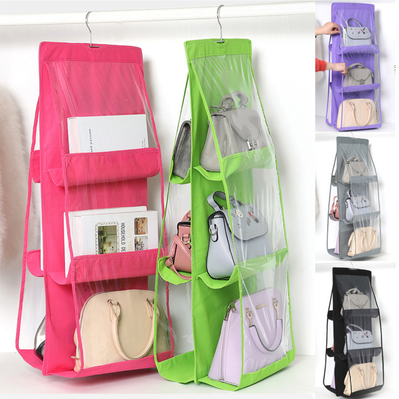 Wholesale Double-sided 6Pocket Hanging Handbag Organizer Dust-Proof Transparent Storage Bag For Space Saving Organizers