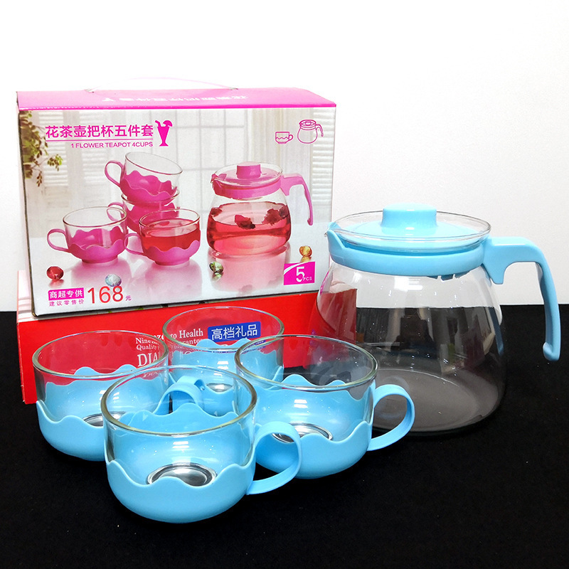 Wholesale Cheap Coffee Tea Pot With 4 Cups Insulation Glass Teapot 5pcs Set Drinking Cup Kettle For Restaurant Household Gift