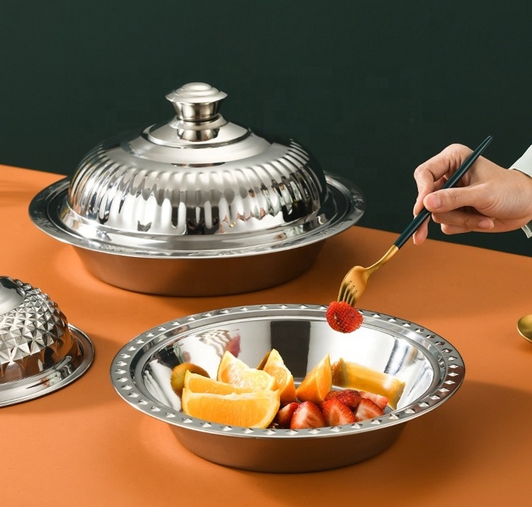 Thickened Stainless Steel Large Capacity Dining Plate With Lid Suitable For Restaurant Hotel Buffet Home Fruit Bowl