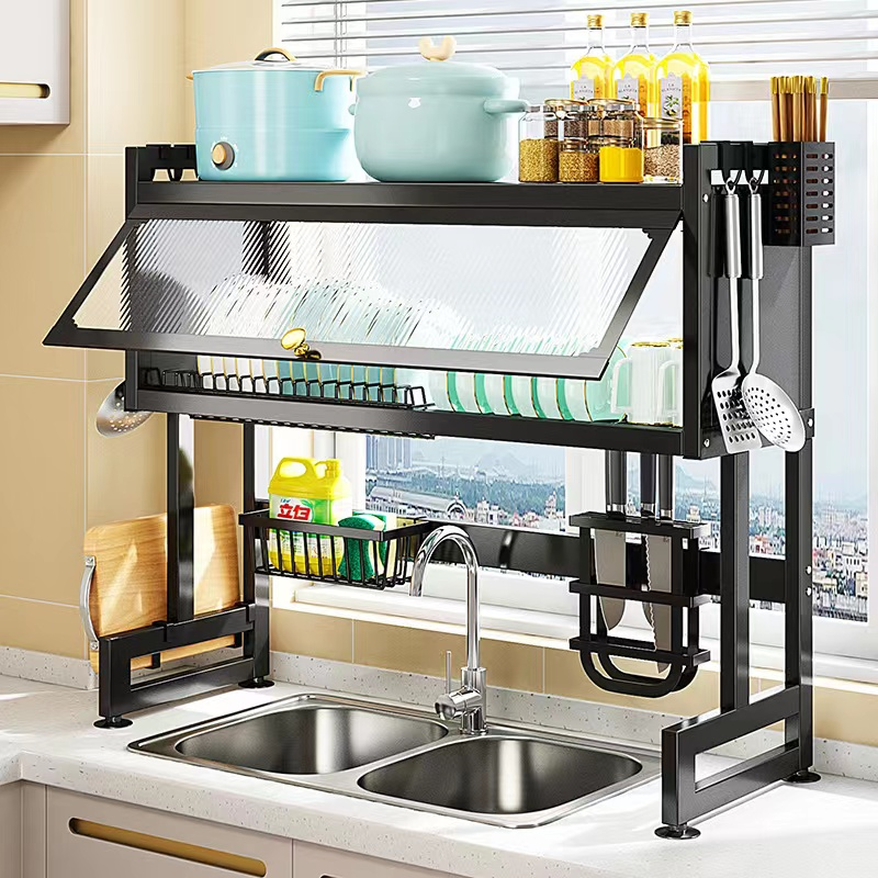 Hot Sell Kitchen Over Sink Dish Drying Rack Storage With Dust-Proof Lid Metal Organizer Rack Dish Drainer Tableware Storage Rack