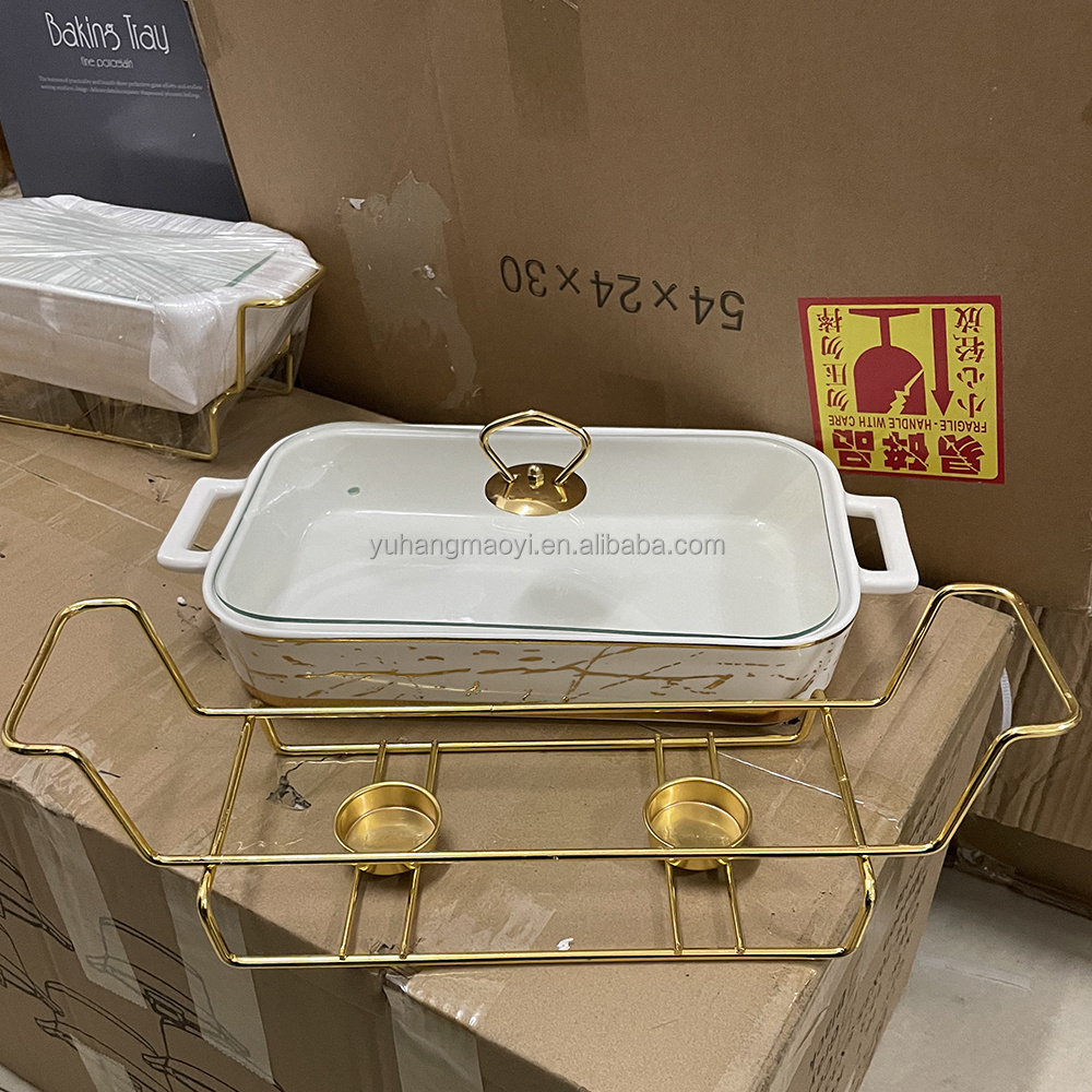 Alcohol Stove Chafing Dish with Golden Rack Ceramic Golden Casserole Hotpot Food Warmer For Wedding Party Restaurant Buffet