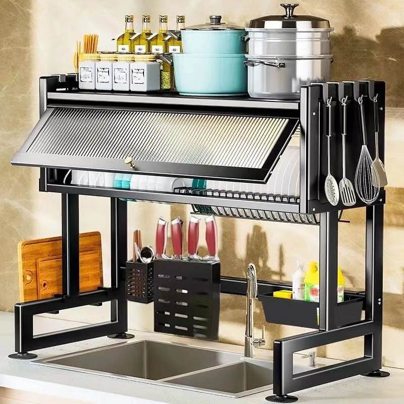 Hot Sell Kitchen Over Sink Dish Drying Rack Storage With Dust-Proof Lid Metal Organizer Rack Dish Drainer Tableware Storage Rack