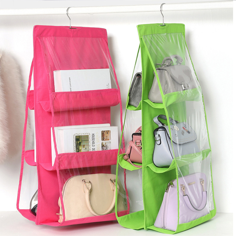 Wholesale Double-sided 6Pocket Hanging Handbag Organizer Dust-Proof Transparent Storage Bag For Space Saving Organizers