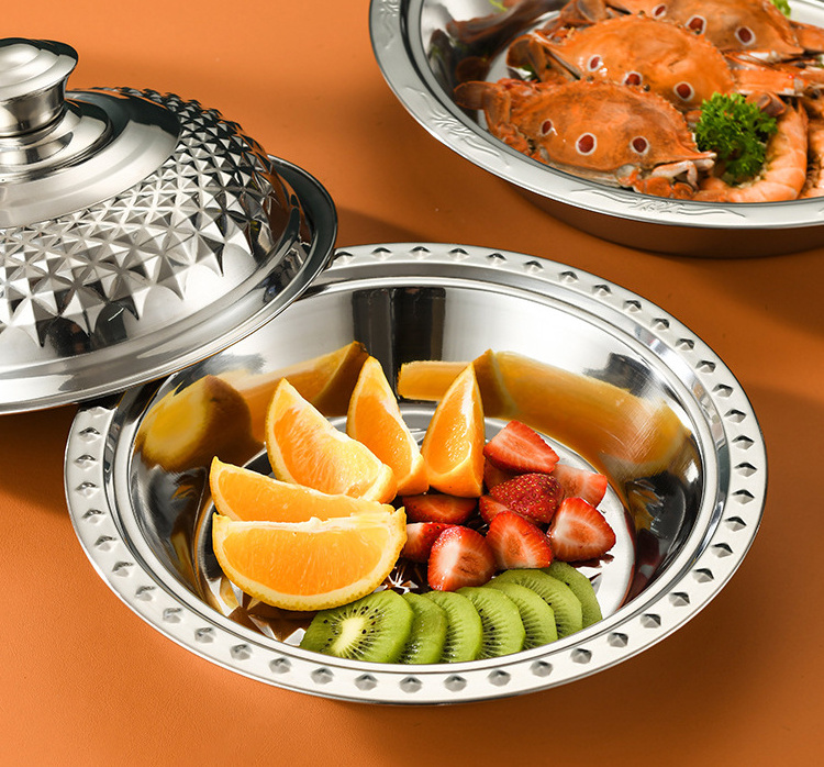 Thickened Stainless Steel Large Capacity Dining Plate With Lid Suitable For Restaurant Hotel Buffet Home Fruit Bowl