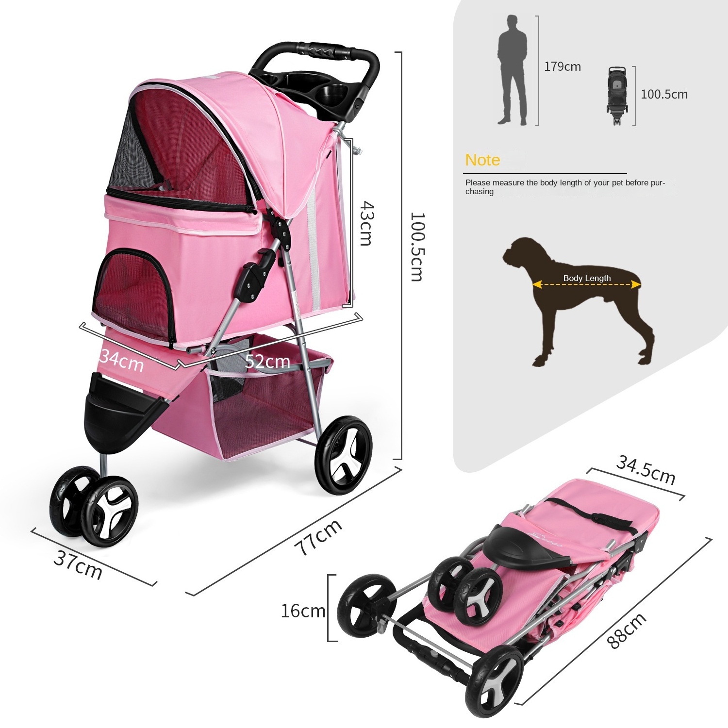 Outdoor Luxury Easy Fold Removable Liner Storage Basket Pet Dog Stroller