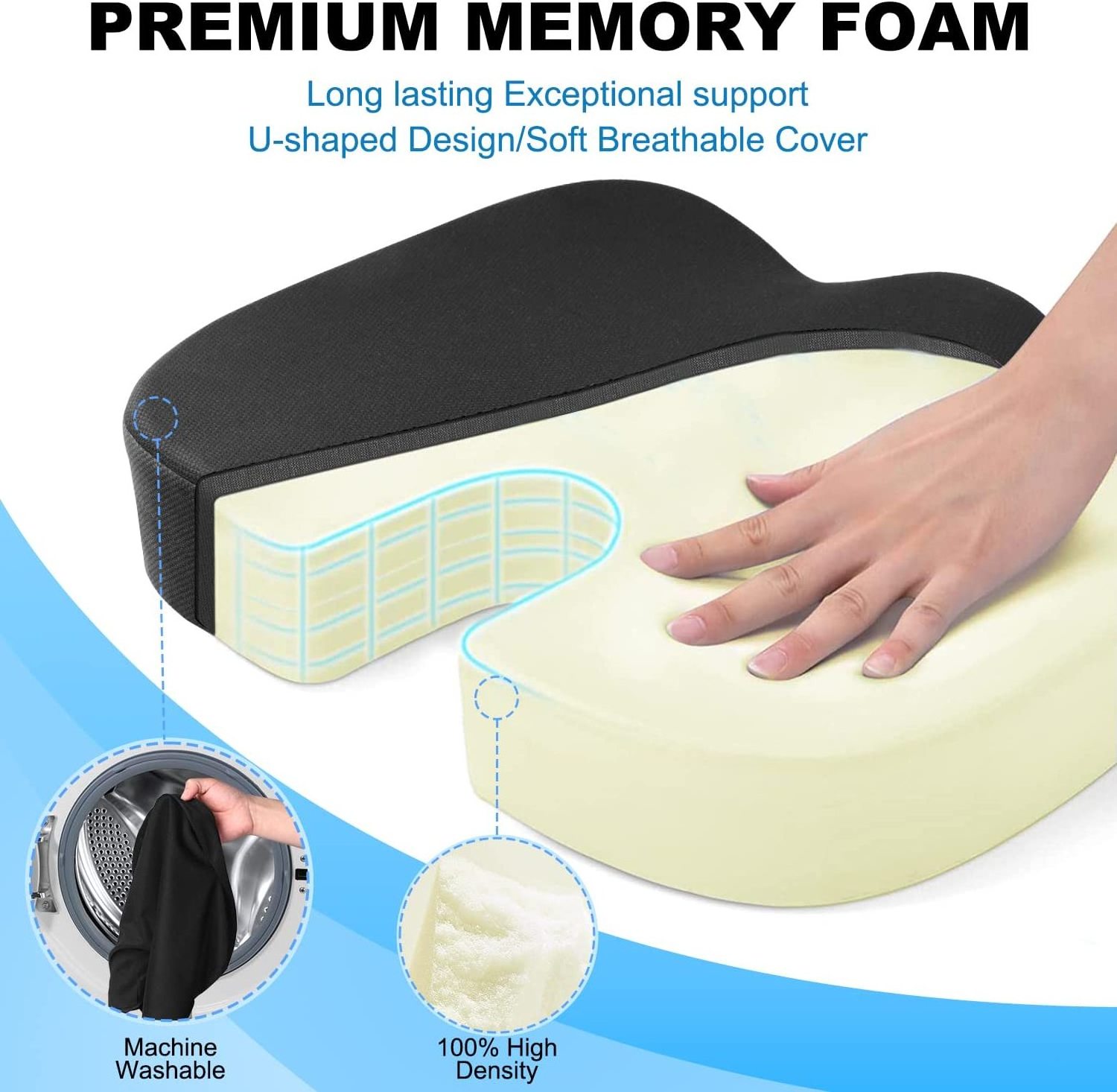 Black seat Cushion Office Chair Cushions Non-Slip Sciatica & Tailbone Pain Relief Firm Coccyx Pad for Long Sitting Memory Foam