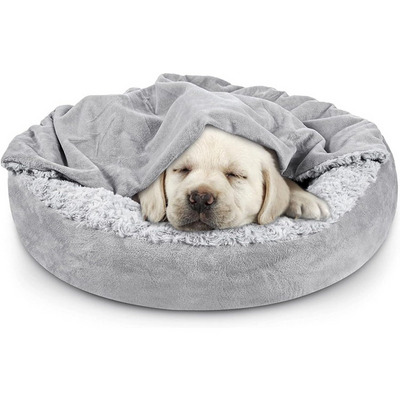 Small Dog Bed with Hooded Blanket Cozy Cuddler Luxury Puppy Pet Bed Round Calming pet Bed - Anti-Slip Bottom