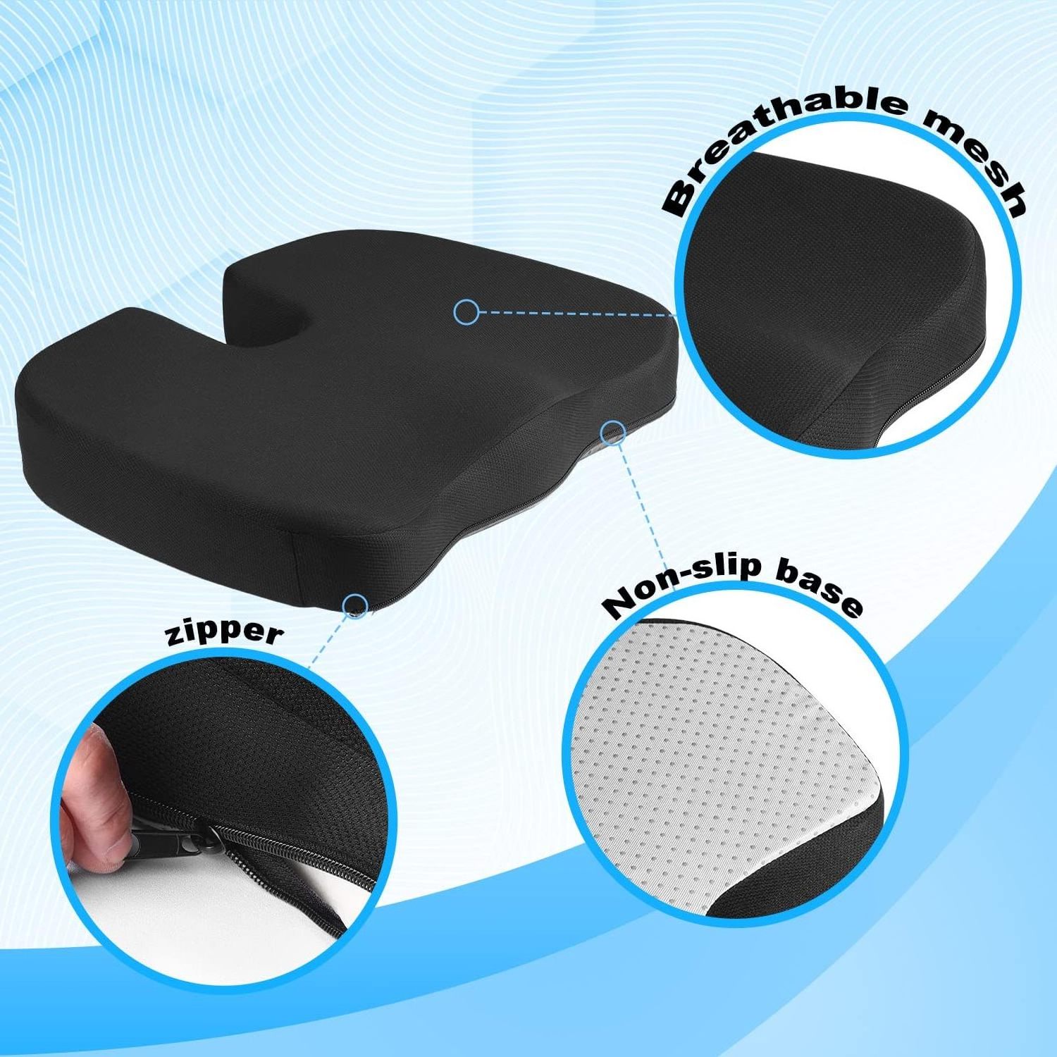 Black seat Cushion Office Chair Cushions Non-Slip Sciatica & Tailbone Pain Relief Firm Coccyx Pad for Long Sitting Memory Foam