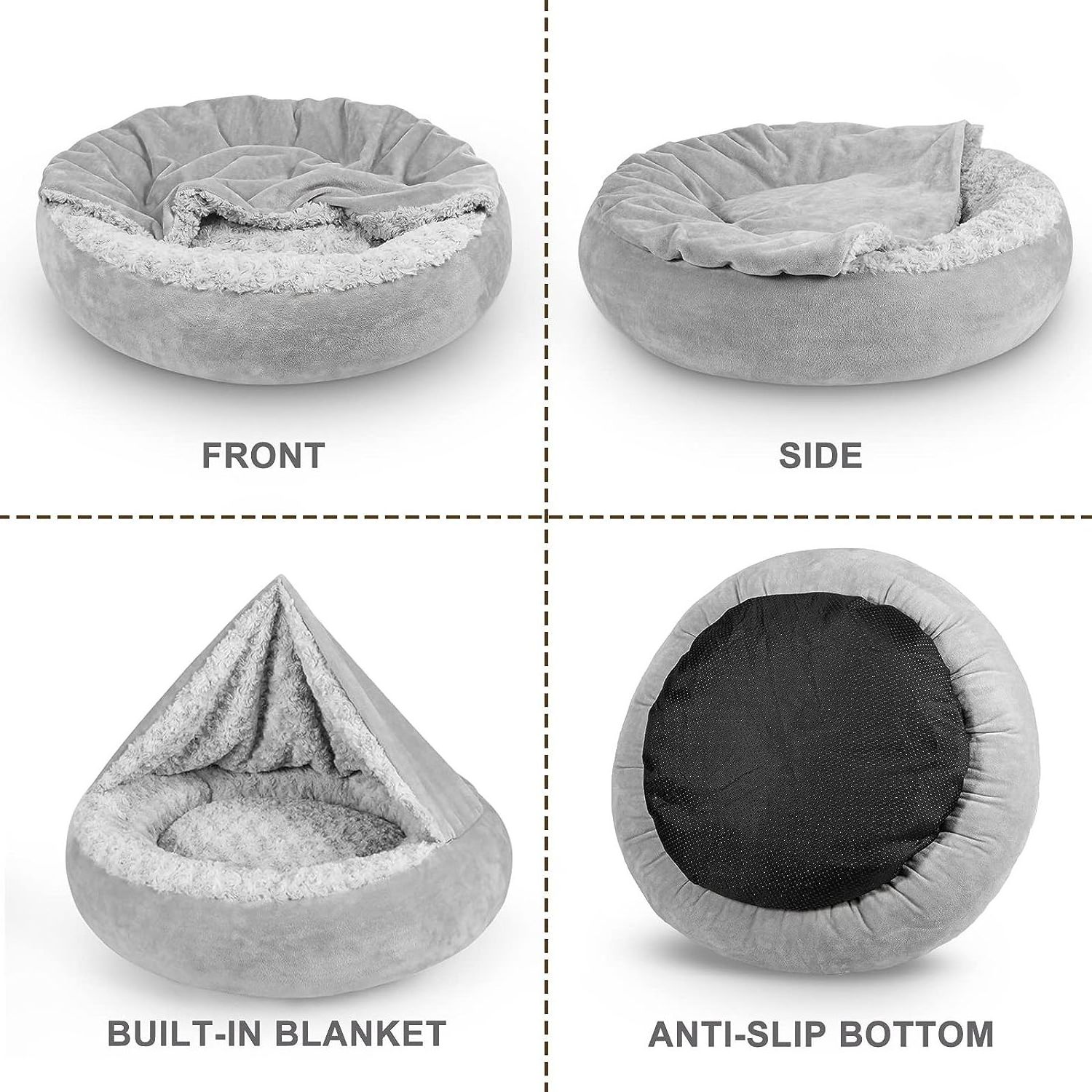 Small Dog Bed with Hooded Blanket Cozy Cuddler Luxury Puppy Pet Bed Round Calming pet Bed - Anti-Slip Bottom