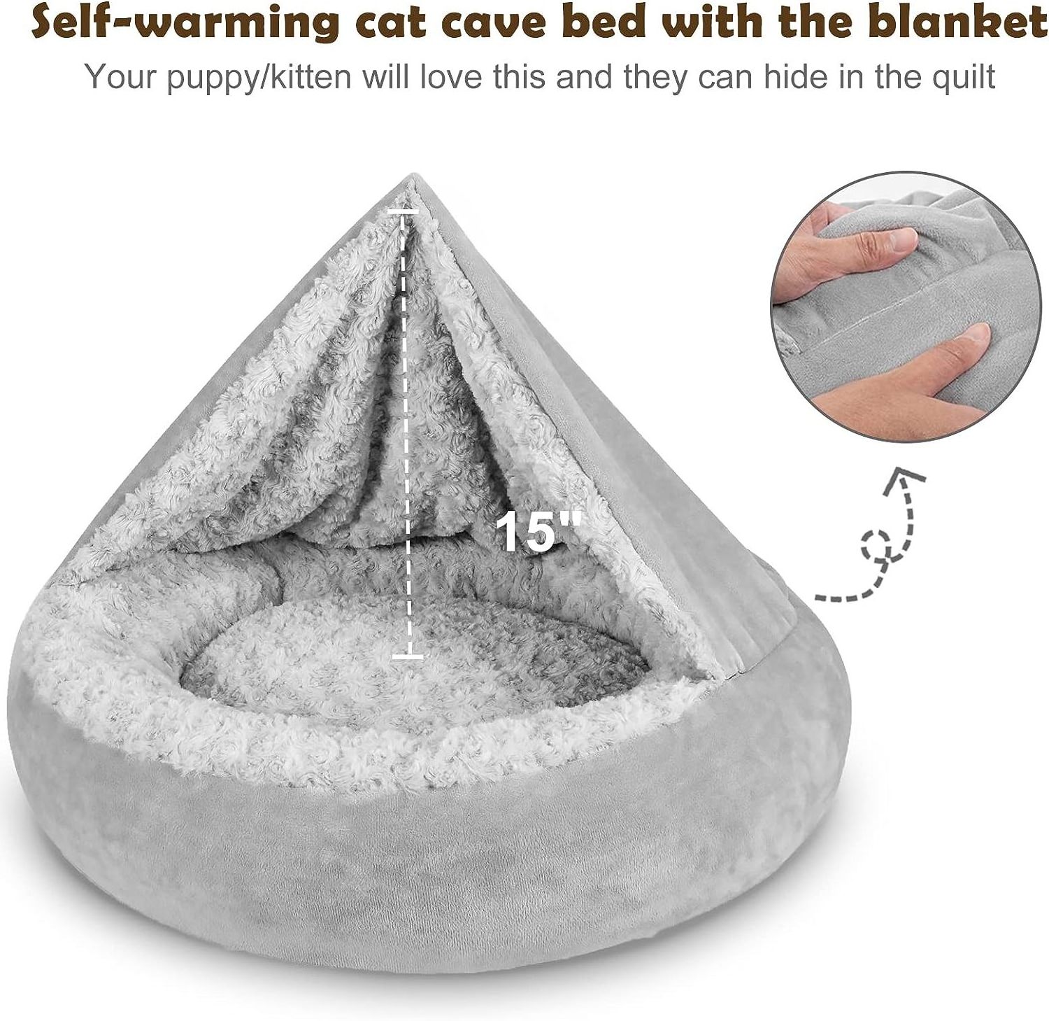 Small Dog Bed with Hooded Blanket Cozy Cuddler Luxury Puppy Pet Bed Round Calming pet Bed - Anti-Slip Bottom