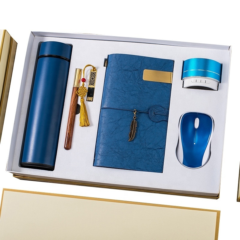 Business gift for bank customer custom logo notebook diary with pen and box and usb gift set water bottle with bluetooth-speaker