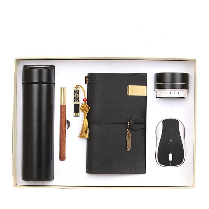 Business gift for bank customer custom logo notebook diary with pen and box and usb gift set water bottle with bluetooth-speaker