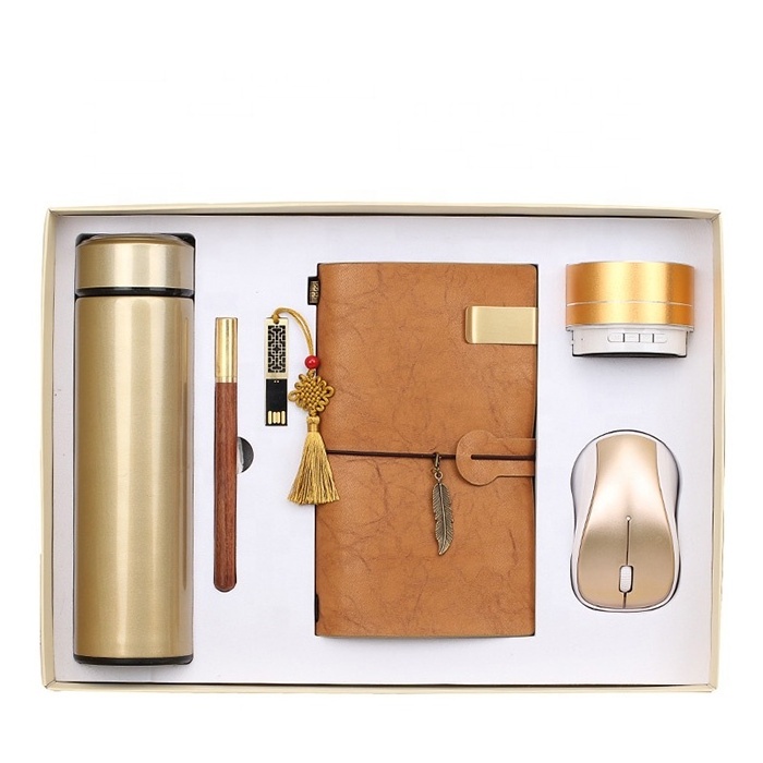 Business gift for bank customer custom logo notebook diary with pen and box and usb gift set water bottle with bluetooth-speaker