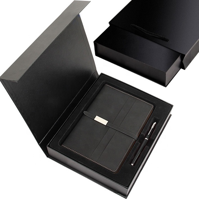 Business Client Corporate Gifts with Logo Customized Black Hardcover PU Leather Notebook Set With Pen