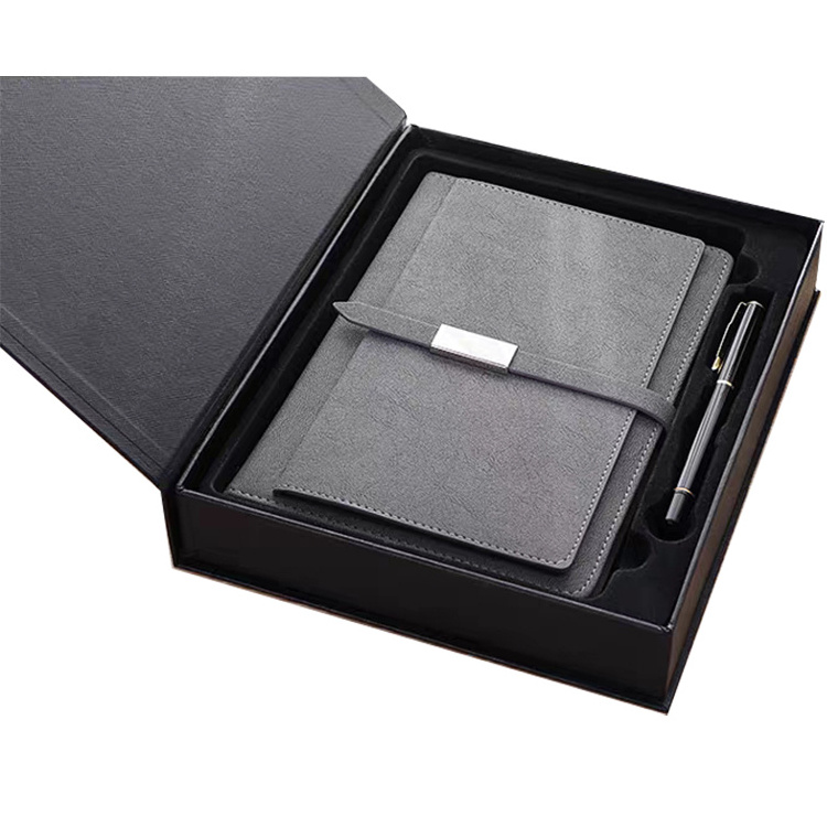 Corporate Promotional Gift Set Custom Logo Grey Pu Leather Hardcover A5 Notebook with Pen and Box