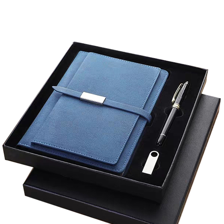 Corporate Promotional Gift Set Custom Logo Grey Pu Leather Hardcover A5 Notebook with Pen and Box