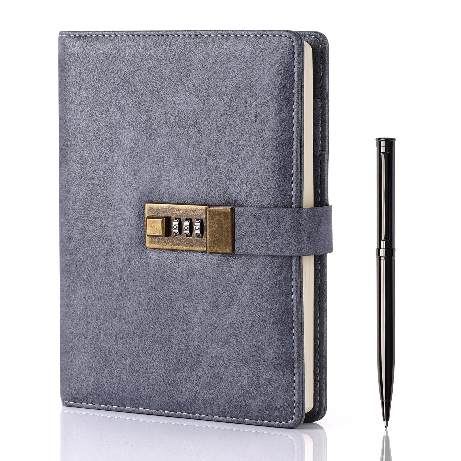 Grey A5 A6 A4 B5 Custom Sizes Leather Custom Journal Printing Notebook with Lock Diary with Pen