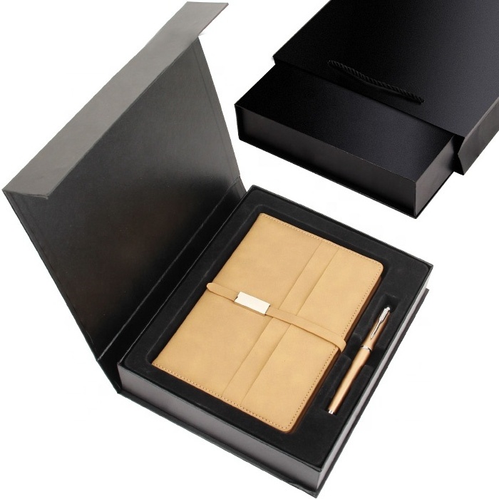 Business Client Corporate Gifts with Logo Customized Black Hardcover PU Leather Notebook Set With Pen