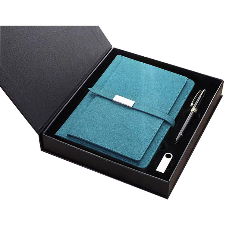 Corporate Promotional Gift Set Custom Logo Grey Pu Leather Hardcover A5 Notebook with Pen and Box