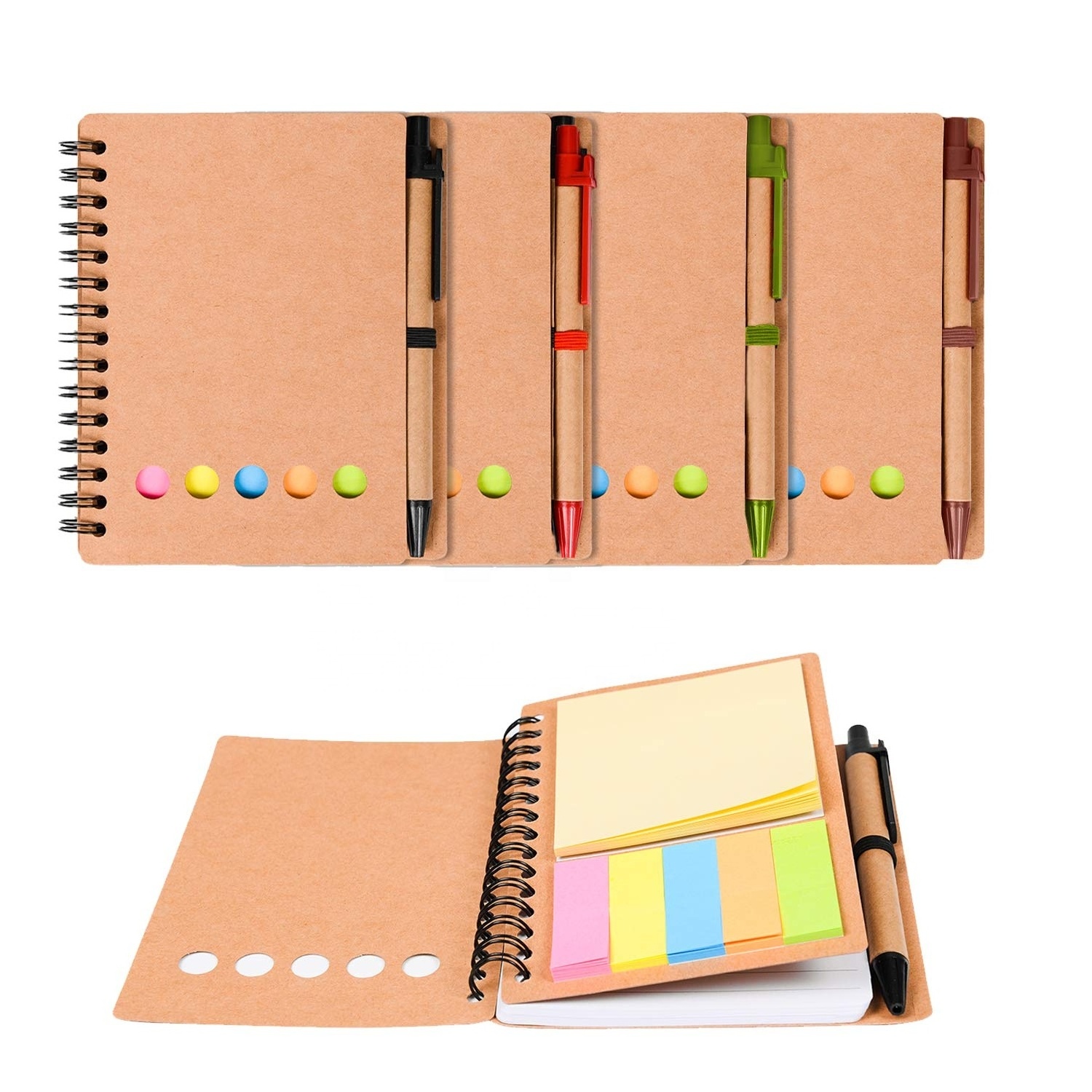 Custom Kraft Paper Steno Pocket Business Notebook Spiral Lined Notepad Set with Pen in Holder Sticky Colored Notes Page Maker